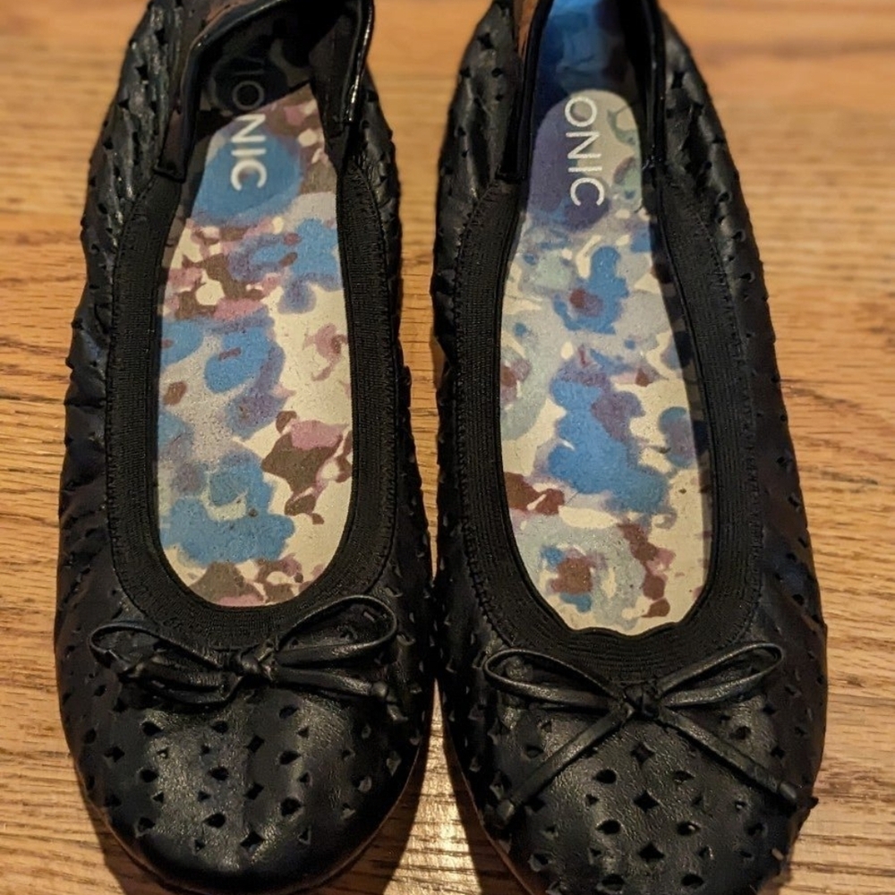 Vionic Black Flats with Perforated Design and Rounded Toe